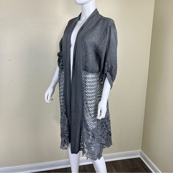 Italy Linen Women Size OS Gray Roll Sleeves Embroidered Cardigan NEW Long Line - Picture 6 of 15